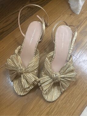 Loeffler Randall Camellia Gold Pleated Bow Heel with Ankle Straps